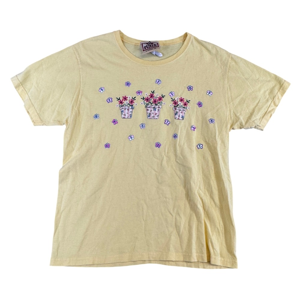 Top Stitch by Morning Sun Yellow Embroidered Flower Pot Butterfly T-Shirt Medium